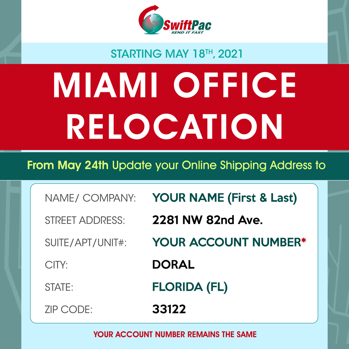 SwiftPac's tweet photo. OUR MIAMI OFFICE IS MOVING🚚
Starting Tuesday, May 18th, 2021, SwiftPac Logistics will be in the process of moving our Miami office to a new location.

📍 NEW ADDRESS
SwiftPac Logistics Inc.
2281 NW 82nd Ave.
Doral FL 33122
 
#OfficeRelocation #SwiftPac #SwiftPacLogistics https://t.co/FAOxXjb7gO