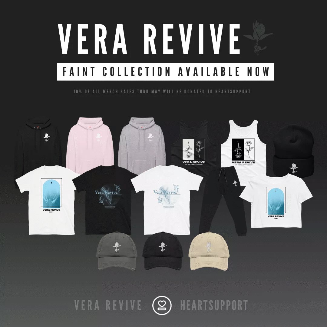 In dedication of Mental Health awareness month, 10% of all merch sales will be donated to <a href="/heartsupport/">HeartSupport</a> 

HeartSupport is an online community for individuals dealing with all forms of mental health related adversity. 

Thank you for all of your help.

verarevive.com