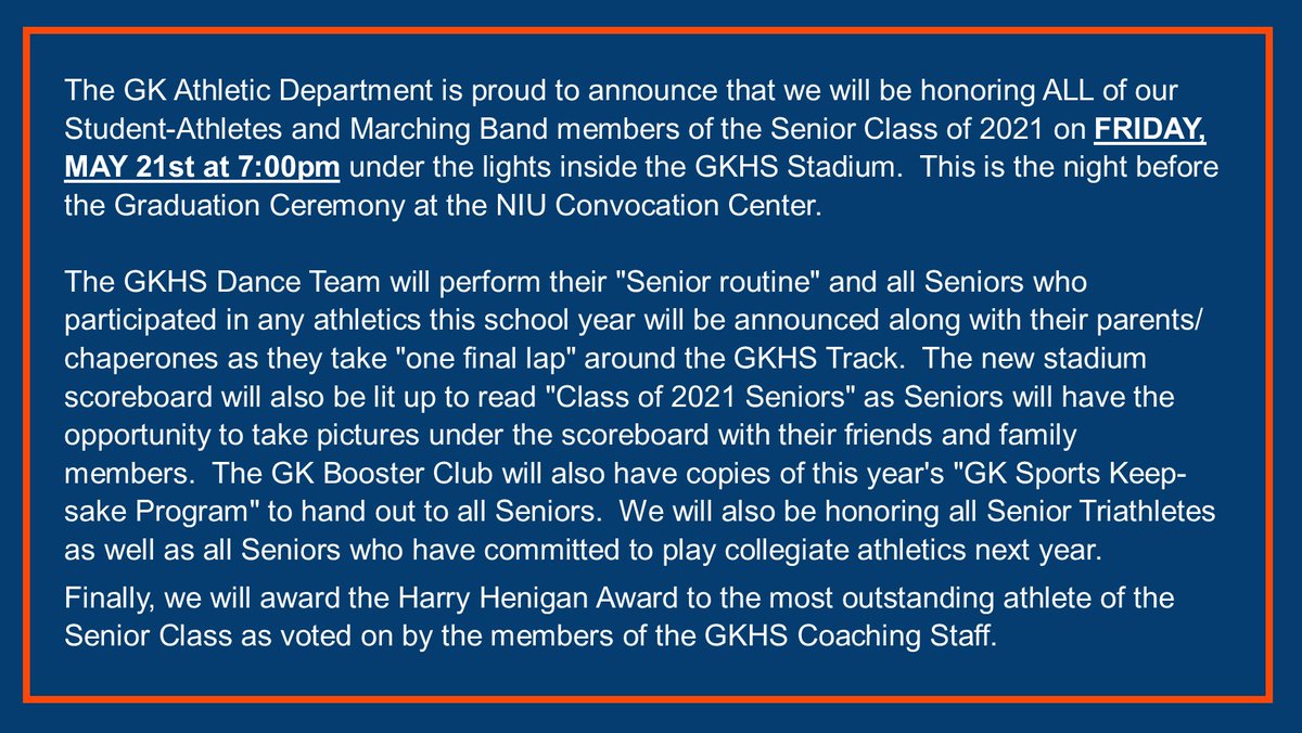 GKCogsAthletics's tweet photo. GK Athletic Department
"Senior Night Spotlight Event"
Friday, May 21, 2021 @ 7:00pm
Genoa-Kingston High School Stadium
#gkcogs #PromotePositive https://t.co/HXO9DIX6fW