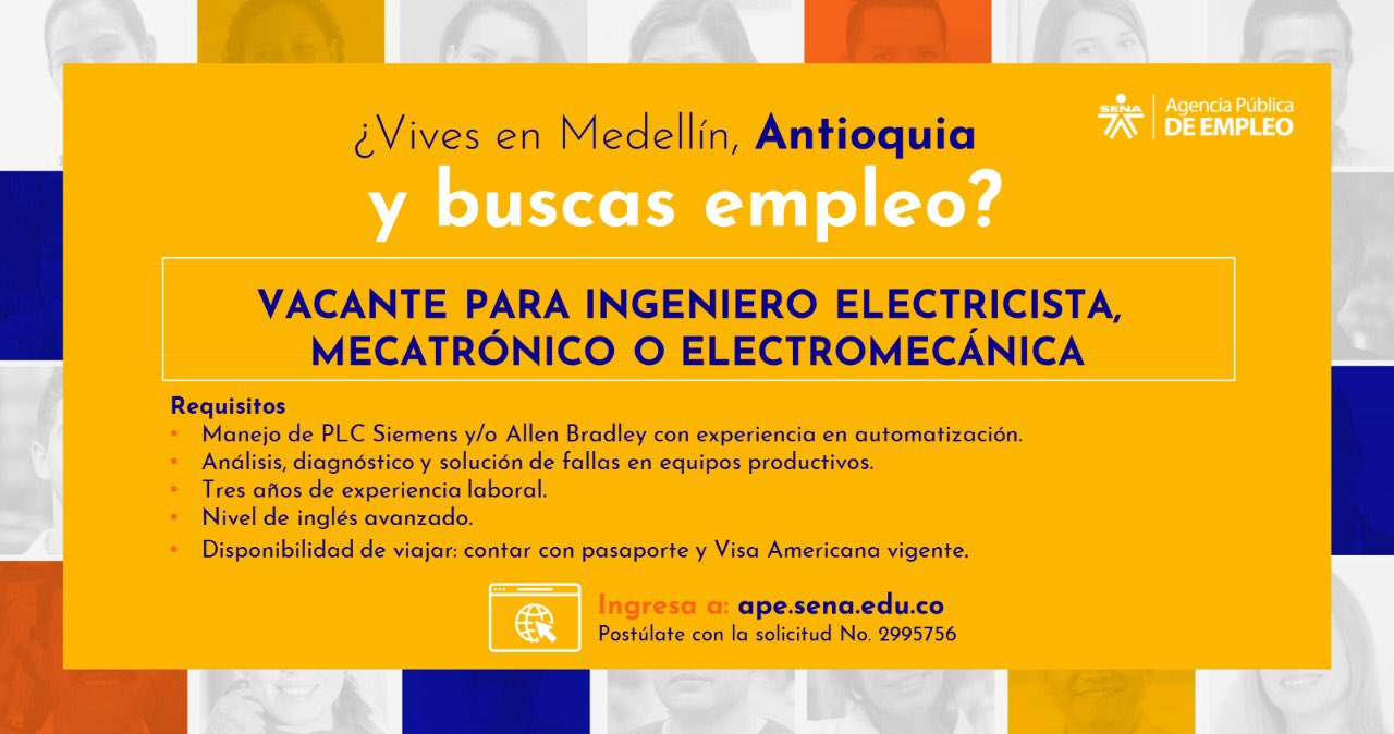 Antioquia on Twitter: "#SENAEsEmpleo Cerramos esta semana con ofertas de empleo en Medellín. 2 súper oportunidades laborales para🎓Ingeniero eléctrico, electrónico o mecatrónico. Conoce detalles y postúlate en: ✓https://t.co/LDfjRIjLV5 ...