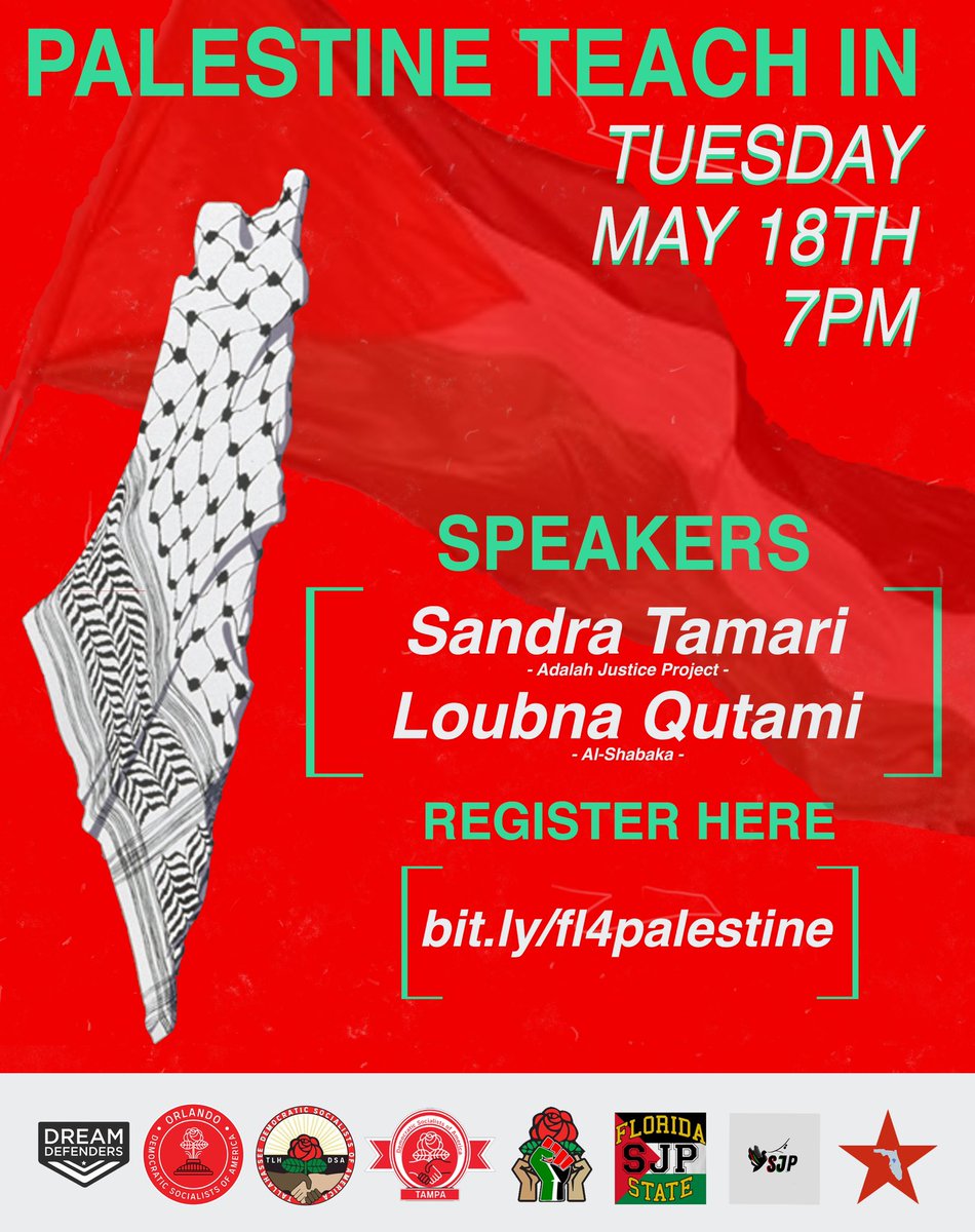durub_ntl's tweet photo. We are proud to see @TallahasseeDSA @Orlando_DSA @TampaDSA collaborate on this teach in surrounding #Palestine and #SheikhJarrah 

TUESDAY MAY 18th, 7 PM 

Shoutout @SandraTamari1 @LoubnaQutami !! 🇵🇸

Register here: https://t.co/n6n1FEq1U0

#ApartheidIsrael #BDS @Dreamdefenders https://t.co/AG9l7hVFRr