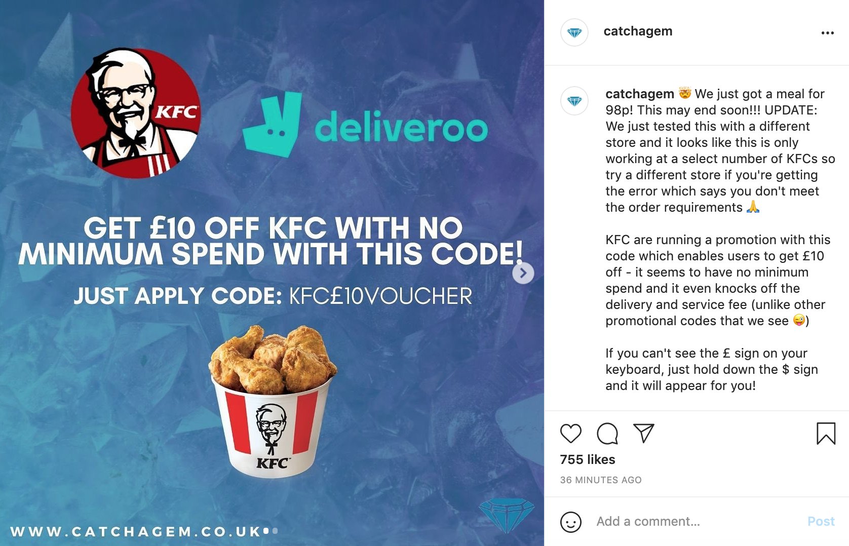 CATCH A GEM 💎 on Twitter "You can get up to £10 off KFC on Deliveroo