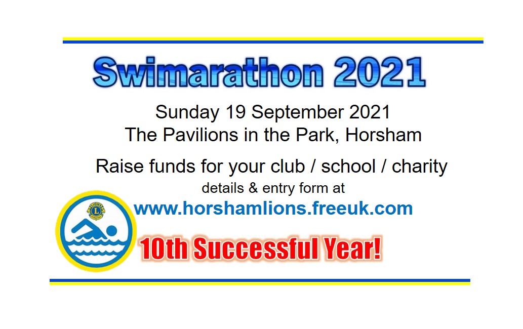Raise funds for your own charitable cause. Enter a team in Swimarathon 2021 on Sunday 19 September at The Pavilions In The Park #Horsham #WestSussex #Swim #charity 
Details horshamlions.freeuk.com