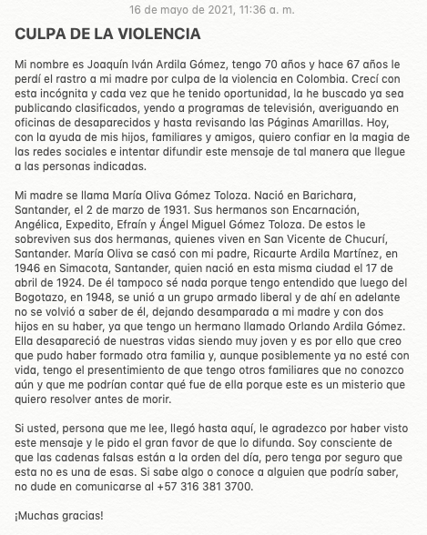 MajoArdila's tweet photo. Nunca he intentado viralizar nada. Pero hoy mi padre me pidió el favor de que difundiera este mensaje porque dice que si viralizan a diario tantas noticias falsas, por qué no difundir esto que es real y es su deseo más grande.

¡Twitter, por favor, haz tu magia! https://t.co/jro9tjiGlN