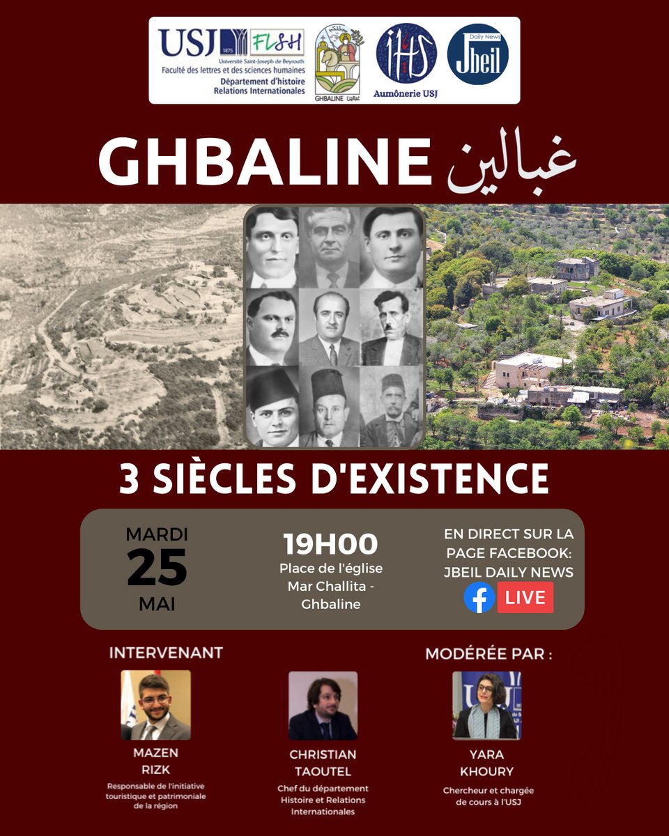ينظم السيد مازن رزق بالتعاون مع موقع Jbeil Daily News حلقة حوارية عن "غبالين" برعاية الإرشادية في جامعة القديس يوسف وبالإشتراك مع أساتذة من قسم التاريخ والعلاقات الدولية، يوم الثلاثاء 25 أيّار 2021 الساعة 7 مساءً في باحة كنيسة مار شليطا - غبالين، وستنقل مباشرة عبر فايسبوك.
