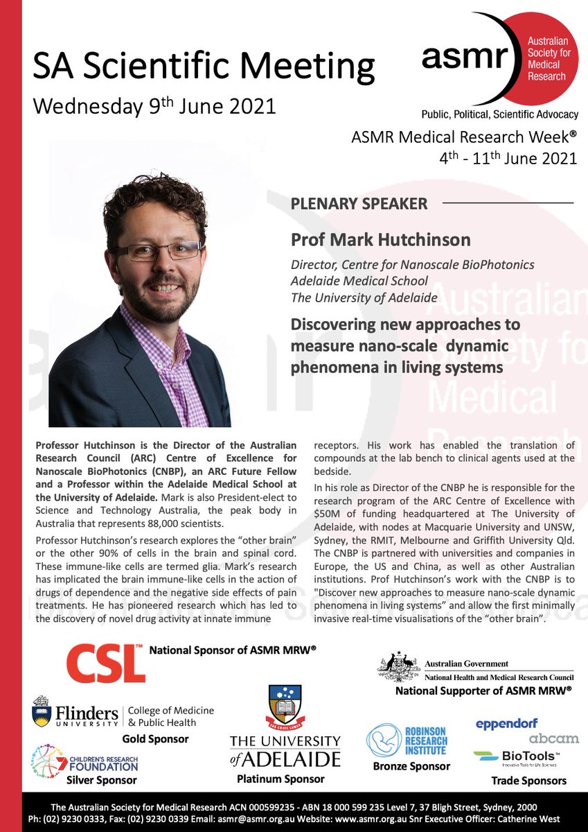 🔬 The South Australia Scientific Meeting has an amazing plenary speaker this year: Prof Mark Hutchinson, Director of <a href="/UniofAdelaide/">Uni of Adelaide</a>'s Centre for Nanoscale BioPhotonics <a href="/CNBPscience/">CNBP</a>. Register to hear his exciting research about the body’s ‘other brain’:
asmr.org.au/asmr-mrw/south…