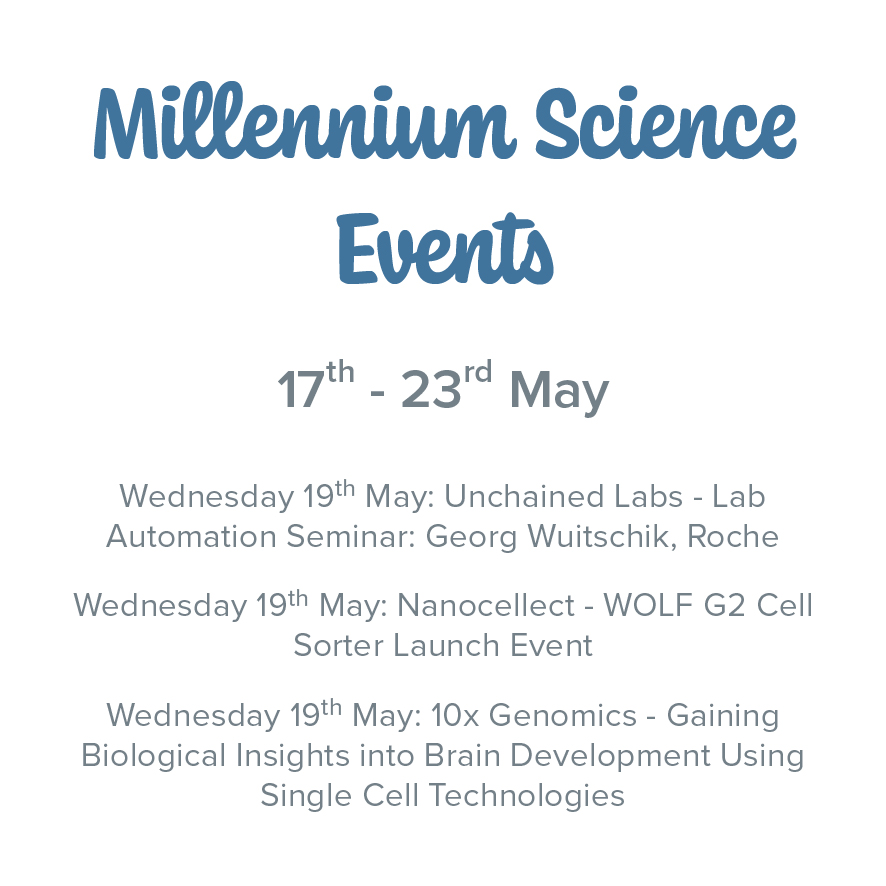 mscienceaustnz's tweet photo. Check out the events that are on this week!
Register Now https://t.co/UmAXqCNm6w

#10xGenomics #UnchainedLabs #Nanocellect #SingleCell #CellSorter https://t.co/6CBSU28zDf