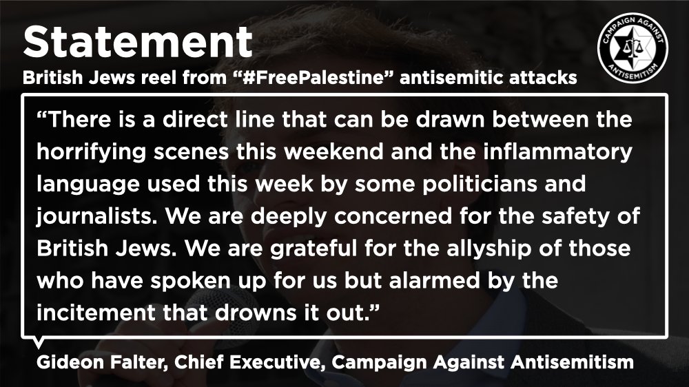antisemitism's tweet photo. “There is a direct line that can be drawn between the horrifying scenes this weekend and the inflammatory language used this week by some politicians and journalists…We are grateful for the allyship of those who have spoken up but alarmed by the incitement that drowns it out.” https://t.co/sJAuxEO9nV