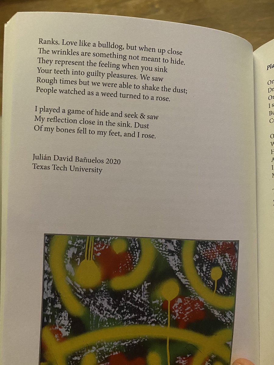 <a href="/WCUPoetry/">WCU Poetry Center</a> I didn’t realize you were sending this beautiful anthology. Thank you! Also, every time I see it, I must read this beautiful sestina from <a href="/BanuelosJulian/">Julián David Bañuelos</a> “There were your words, clogging my veins like dust. // I built an alter of cedar, saw dust/ Danced around us.”🌹🍷