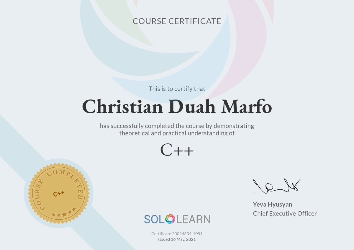 Christian Duah Marfo 100daysofcode Today I Completed C Course On Sololearn Thank You Guys