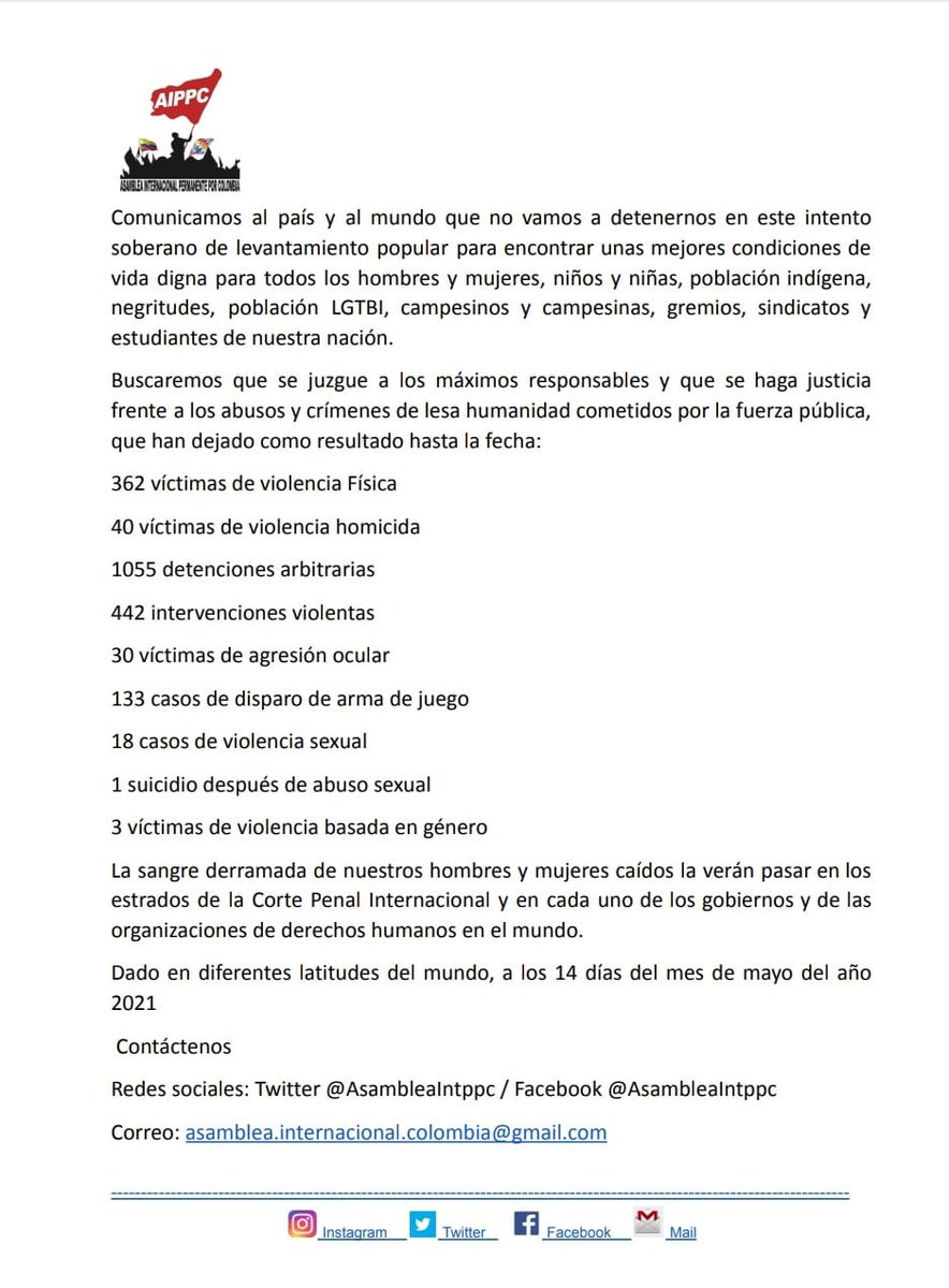 ColombianLivMat's tweet photo. #ATENCION 
Informamos a la opinion publica que nos hemos organizado como Asamblea Internacional Permanente en Primera Línea, en defensa del pueblo colombiano; aquí nuestro comunicado.

@petrogustavo @IvanCepedaCast @IntlCrimCourt @GustavoBolivar @jcuestanovoa @ONU_es @CIDH https://t.co/eWJgweKvLA