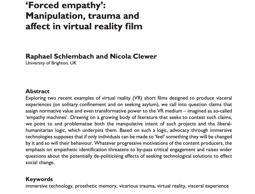 IJCS_journal's tweet photo. Online first: Dr. Schlembach and Dr. Clewer critique the "immersive turn" drawing from memory and trauma studies and connecting common threads in the discussions around immersive VR technology in "Forced Empathy: Manipulation, Trauma, and affect in virtual reality film." https://t.co/KECLbIgYeD