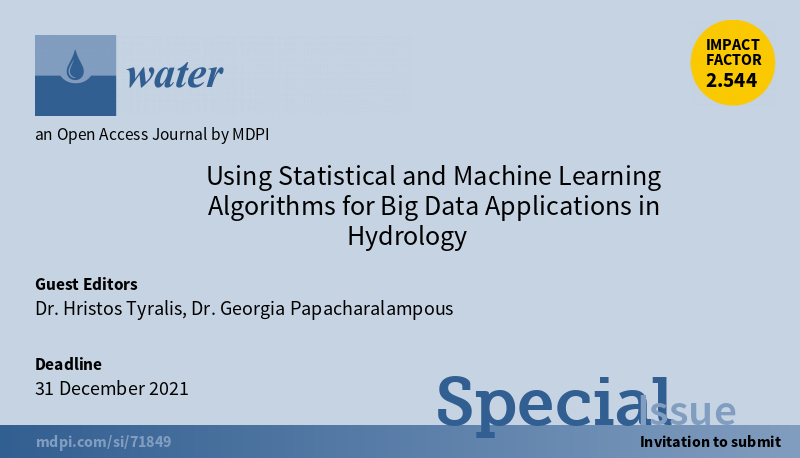 Happy (🙂🙂) to announce our (@Hristostyr) #SpecialIssue on the use of #Statistical and #MachineLearning #Algorithms for #BigData #Applications in #Hydrology!!!
👉mdpi.com/journal/water/…
Please consider submitting your papers (💙🤖🌊💧) to this issue.
@Water_MDPI @MDPIOpenAccess