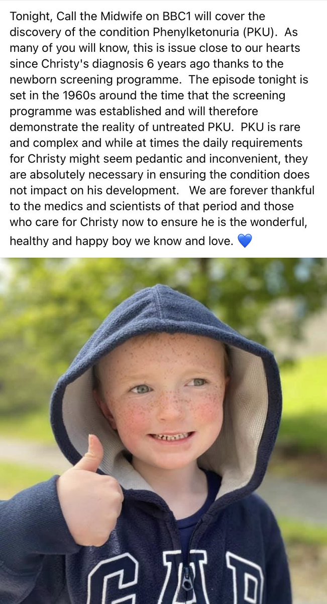 Tonight’s ‘Call the Midwife’ is all about a subject very close to our hearts - great that it is raising awareness of this complex but thankfully now treatable condition <a href="/NSPKU/">NSPKU</a> #PKU <a href="/CallTheMidwife1/">Call the Midwife</a>