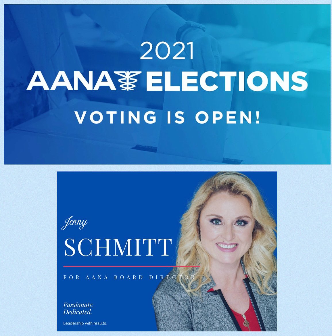 AANA members cast your vote for Jenny Schmitt. She has been one of Oklahoma’s greatest advocates. Let’s send her to the national board to do the same!

Let your voice be heard and cast your vote today: 
⬇️⬇️⬇️⬇️🗳🗳🗳✅✅✅
directvote.net/AANA/login.asp…

#CRNA #AANA