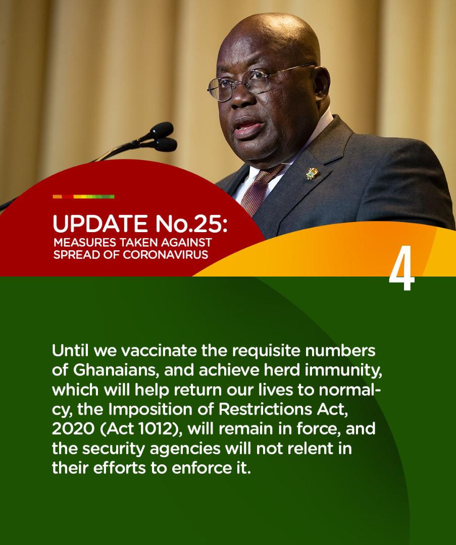 President Akufo-Addo Speaks:

Update No. 25: Measures taken to combat spread of Coronavirus.

#PresidentAkufoAddoSpeaksOnCoronavirus
#COVID19
#FellowGhanaians