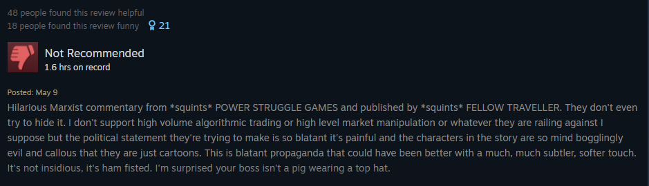 We just hit 100 review on Steam for #TheInvisibleHand with 85% positive! 
THANKS players for the laughs and the cool feedback, keep up the good work, every review helps! 
*squints* here are some of our favorites