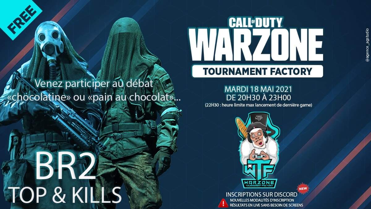 WTFTOURNAMENT's tweet photo. Tournoi  Warzone Tournament Factory  en date du mardi 18 mai et en duo top et kill 

• De 20h30 a 22h30 (dernière game lancée)
• 3 meilleures games retenues 
• inscription sur notre discord 
• suivi de vos Résultats du tournoi en direct sur discord et sur le site internet https://t.co/gaoKjyzPcZ