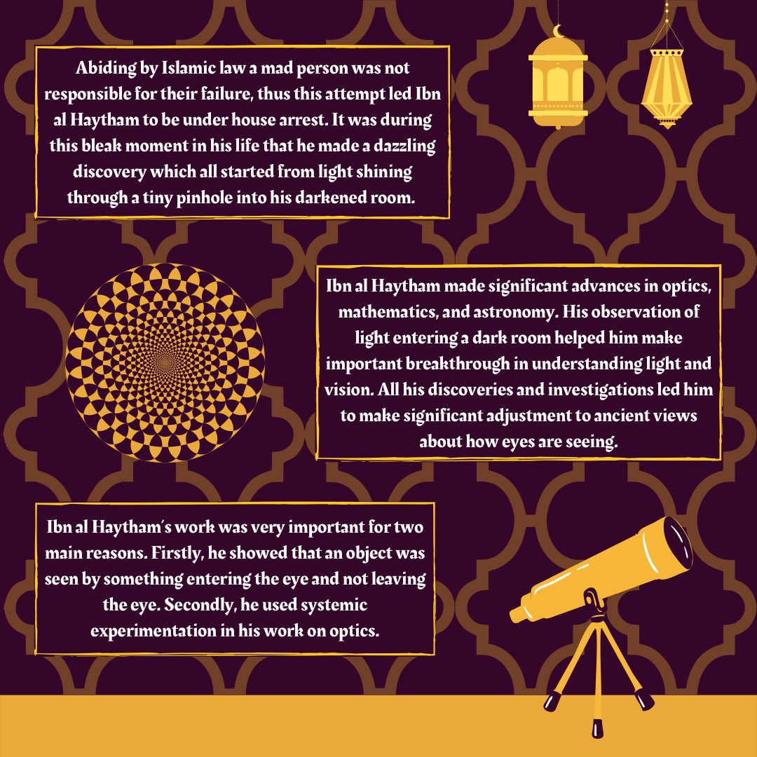 sgulisoc's tweet photo. 🌟THE ISLAMIC GOLDEN AGE🌟

This week, we take a look at Ibn al Haytham, regarded as the father of modern optics! https://t.co/izqSqmA3Zz