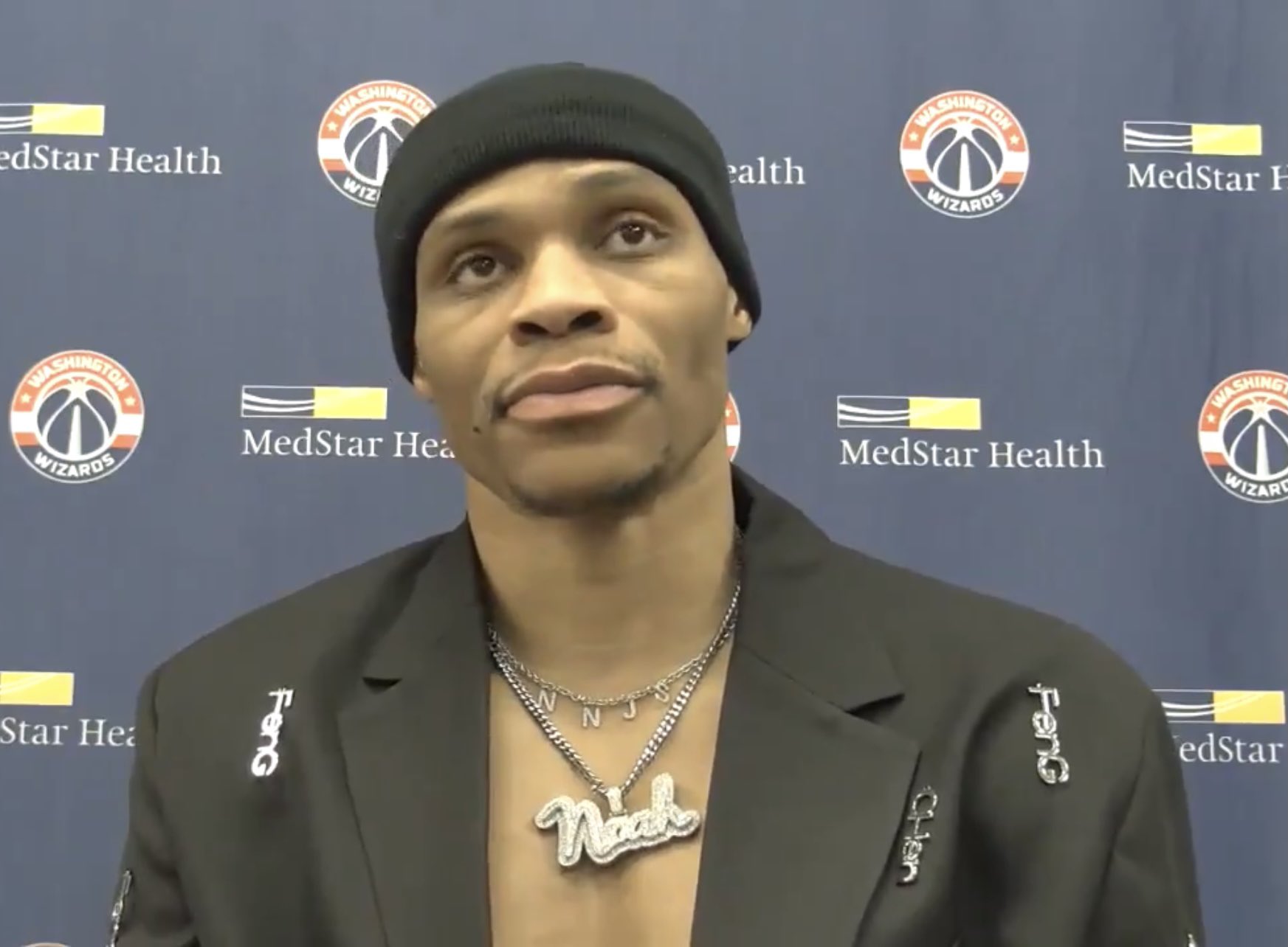 Becca on X During the post game press conference Russell Westbrook wore a chain that reads Noah in honor of his son s 4th birthday today. The chain above that has the first
