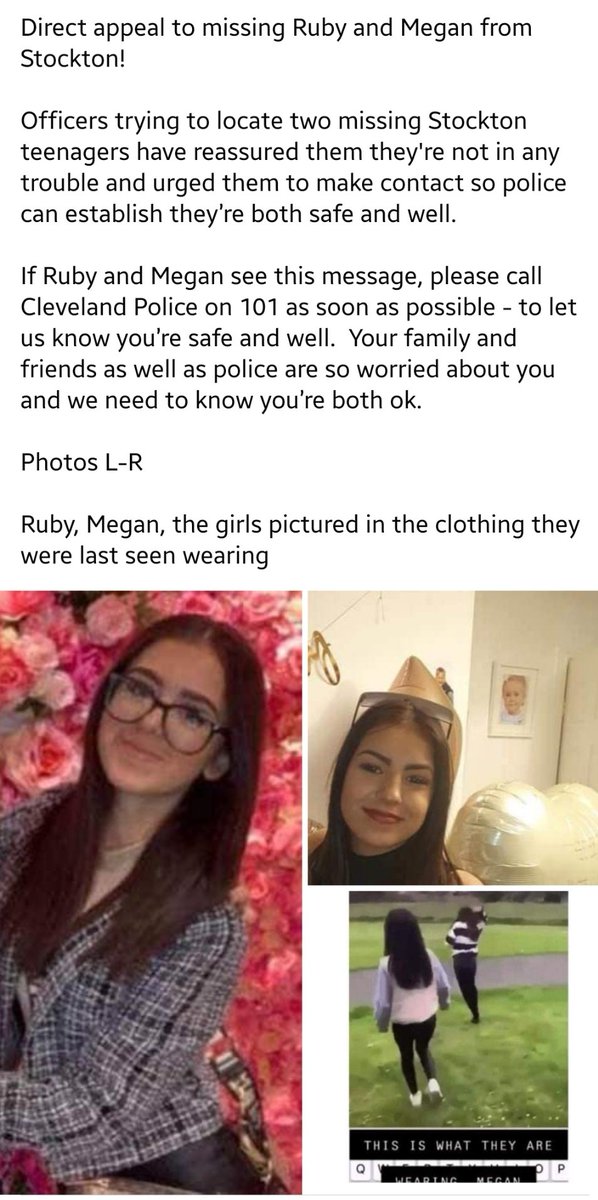 IncidentsTEES's tweet photo. ATTENTION FOLLOWERS PLEASE RT THE FOLLOWING

Direct appeal to missing Ruby and Megan from Stockton!

Officers trying to locate two missing Stockton teenagers have reassured them theyre not in any trouble &amp; urged them to make contact so police can establish theyre both safe &amp; well https://t.co/0eFWLq8P8k