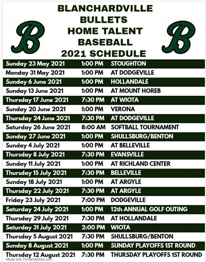 2021 Bullets Schedule, kicking off with an exhibition game next Sunday vs <a href="/MerchantsHTL/">Stoughton Merchants</a> can’t wait to see everyone there!! #Bullets