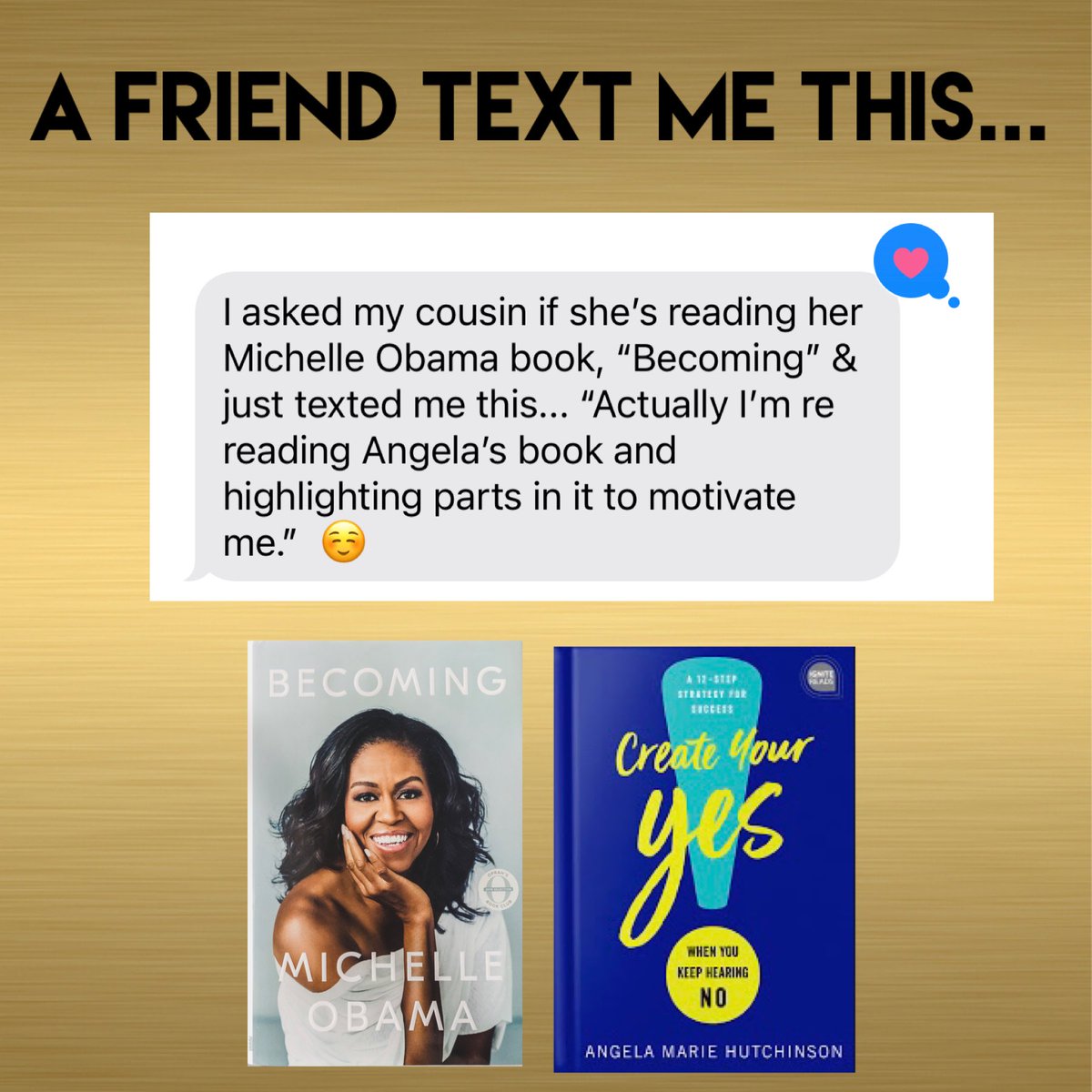 livewithangela's tweet photo. 💛💛💛 THIS! Best text message that I received this week! This is why I do what I do! Even if it’s just one nugget that someone takes away from my book #createyouryes, brings me joy! 🙏🏾 https://t.co/MxOubDjQkm