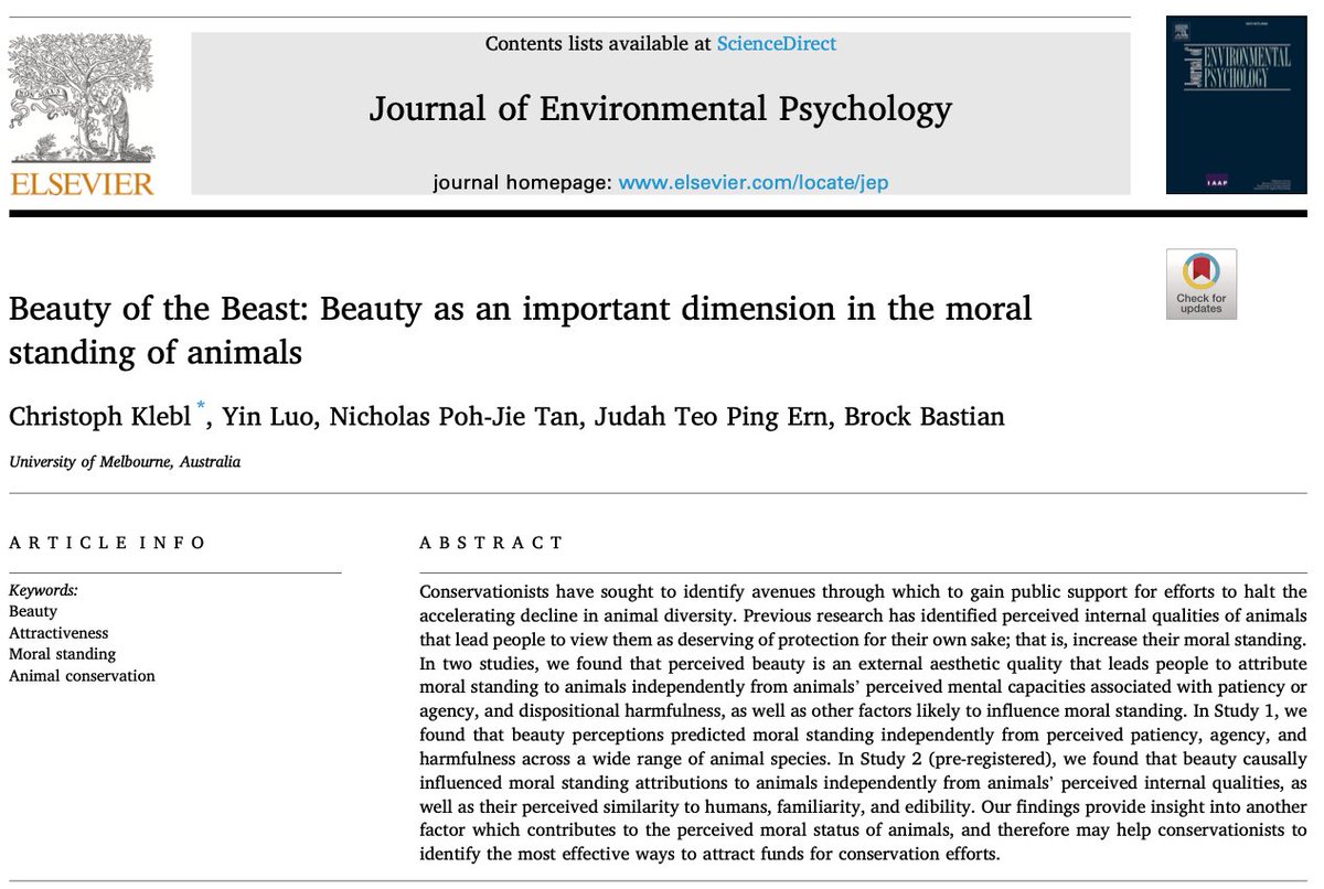 Christoph Klebl (@christophklebl) on Twitter photo In our new paper we show that beauty increases moral standing attributions to animals independently from animals' patiency, agency, harmfulness, similarity to humans, familiarity, and edibility. <a href="/JEnvPsych/">Journal of Environmental Psychology</a> <a href="/NatGeo/">National Geographic</a> With <a href="/drbrockbastian/">Brock Bastian</a> <a href="/NickorasT/">NPT</a> authors.elsevier.com/a/1d4VszzKDAi95 In our new paper we show that beauty increases moral standing attributions to animals independently from animals' patiency, agency, harmfulness, similarity to humans, familiarity, and edibility. <a href="/JEnvPsych/">Journal of Environmental Psychology</a> <a href="/NatGeo/">National Geographic</a> With <a href="/drbrockbastian/">Brock Bastian</a> <a href="/NickorasT/">NPT</a> authors.elsevier.com/a/1d4VszzKDAi95