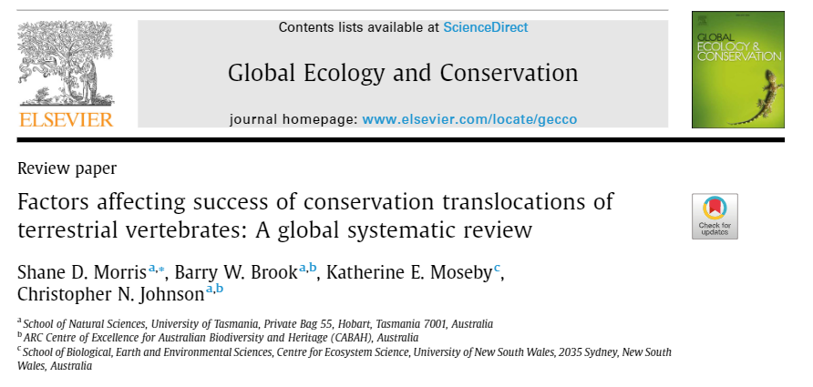 shane_d_morris's tweet photo. I’m so happy to finally present my systematic review on the success and failure of conservation translocations (moving animals for conservation purposes) https://t.co/lal2hgIGvr Those of you who attended @EcolSocAus 2017 or @SpeciesOnTheMov 2018 may have seen me present it 1/n https://t.co/VAEKWUrNUI