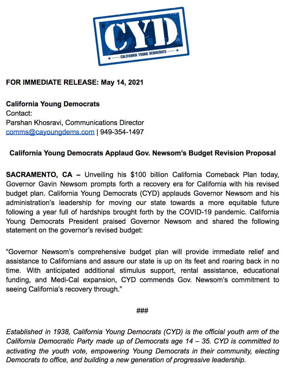 NEW: @CAYoungDems Applaud Governor @GavinNewsom's $100 billion Budget Revision Proposal, sets CA to roar back. #CAComeback 

#CABudget #MayRevise