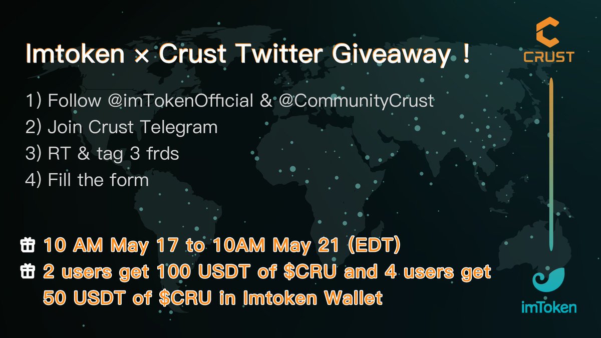 imTokenOfficial's tweet photo. ✨#Crust now on imToken, let's celebrate with a giveaway👇

1⃣Follow @imTokenOfficial &amp; @CommunityCrust
2⃣Join https://t.co/Ey64jmK4Da
3⃣RT &amp; tag 3 friends
4⃣Fill https://t.co/JQVvjdeaGv

⏰Until May 21 7AM (UTC)

🎁2 users get 100 USDT of $CRU + 4 users get 50 USDT of $CRU https://t.co/rOQsHUlsb9