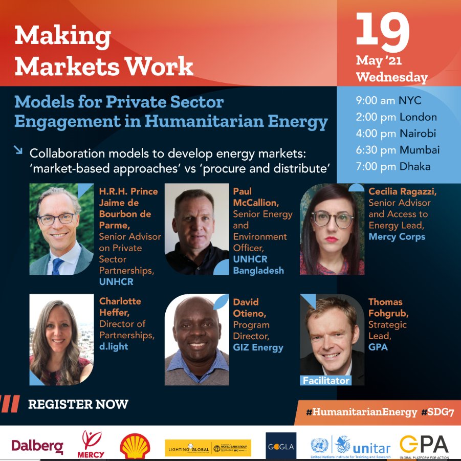 Market-based approach or procure and distribute in the humanitarian-energy context🤔? 

Join the discussion on 19 May and hear from <a href="/UNITAR/">UNITAR</a> <a href="/dlightdesign/">d.light design</a>, <a href="/dlightKE/">d.light Kenya</a> UNHCR HQ <a href="/UNHCR_BGD/">UNHCR in Bangladesh</a> <a href="/mercycorps/">Mercy Corps</a> and <a href="/giz_gmbh/">GIZ</a> experts.

👉bit.ly/3gSjky8
#HumanitarianEnergy #SDG7