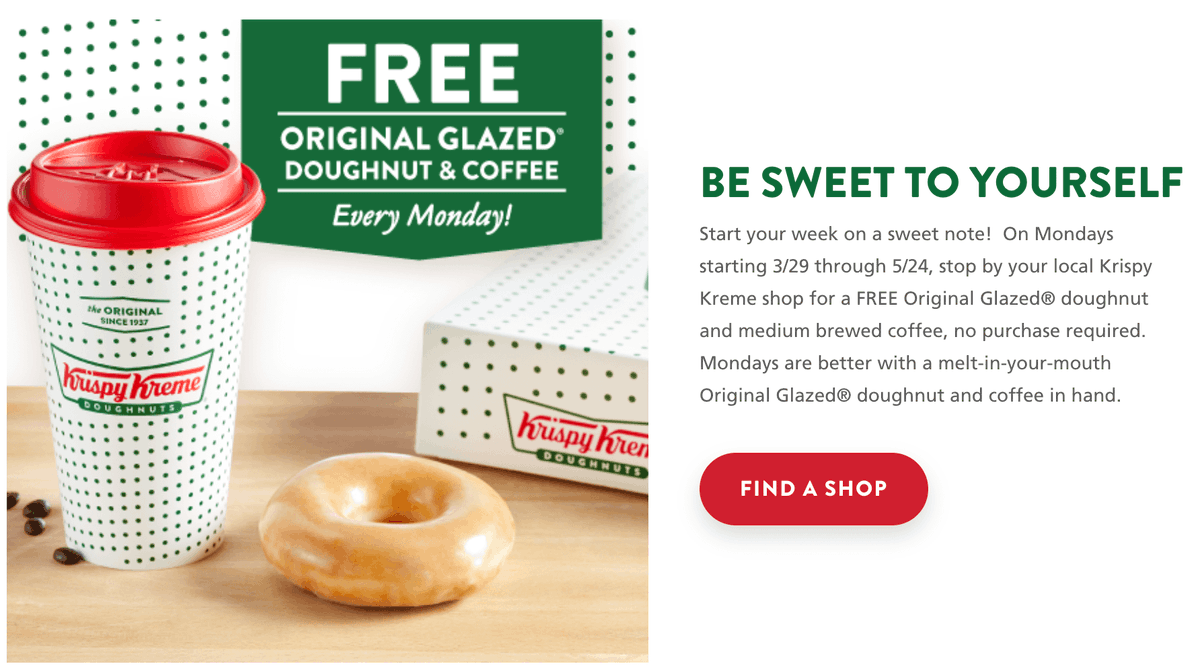Drofcredit's tweet photo. Krispy Kreme: Free Coffee + Doughnut for Anyone on Mondays from 3/29 thru 5/24 https://t.co/lxWnEZEIt4 https://t.co/WunQ8I4zOG