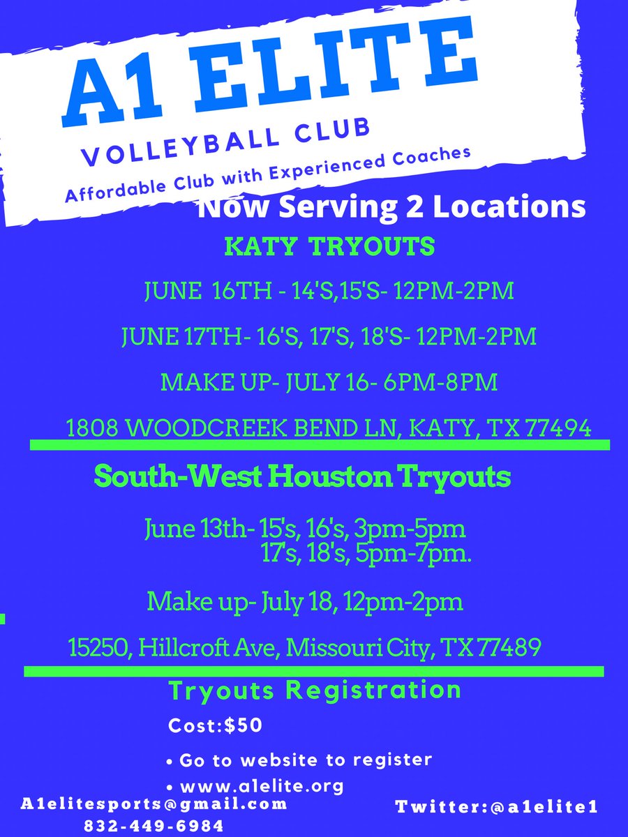 We are looking for energetic and coachable players who are passionate about volleyball and want to get better. Volleyball Tryouts for the 2021-2022 season is coming up. Don’t wait! We have two locations. Go to&gt;&gt; A1elite.org to register.