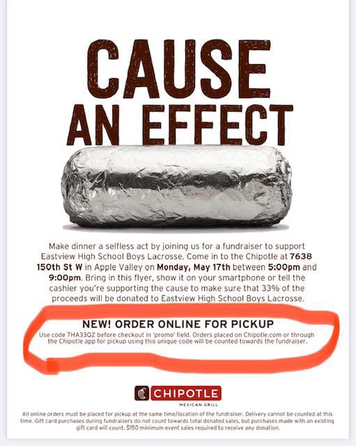 Eastview Lacrosse Burritos rock!     Support our last fundraiser tomorrow (Monday) night at the AV location.