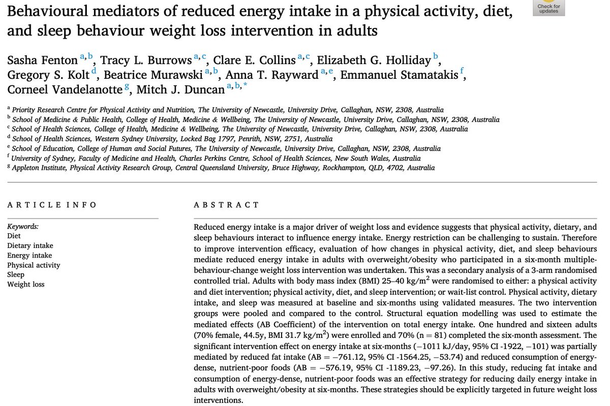 Mediators of reduced energy intake in a combined physical activity, diet and sleep m-Health intervention. 

Nice work by @Sasha_Dietitian <a href="/ProfTBurrows/">Tracy Burrows</a> <a href="/ProfCCollins/">Laureate Prof Clare Collins AO</a> @GregoryKolt <a href="/BeaMurawski/">Beatrice Murawski, PhD</a> <a href="/anna_rayward/">Anna Rayward</a> <a href="/M_Stamatakis/">Emmanuel (Manos) Stamatakis</a> <a href="/mitchjduncan/">Mitch J Duncan</a> et al. 

sciencedirect.com/science/articl…