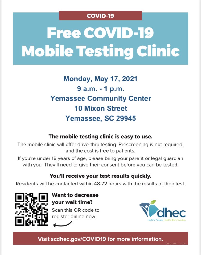 TownOfYemassee's tweet photo. Tomorrow from 9AM-1PM our partners at @scdhec are hosting FREE #COVID19 testing at the Yemassee Community Center. #GetTested and #SlowTheSpreadSC https://t.co/KiW4vUnwk9