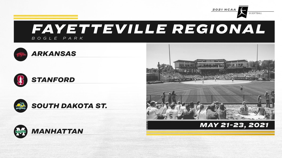 NCAASoftball's tweet photo. FAYETTEVILLE REGIONAL

(6) @RazorbackSB
@StanfordSball
@GoJacksSB
@JaspersSoftball

#RoadToWCWS https://t.co/j0Wu9F6L1Y