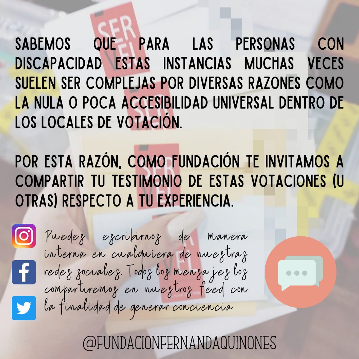 ffq_cl's tweet photo. Te invitamos a que compartas tu testimonio sobre la accesibilidad o el trato que recibiste en estas elecciones. Tu voto y opinión es importante. Todos y todas decidimos el país que queremos✊🏻
#FFQ #Elecciones2021 #EleccionesConstituyentes #NuevaConstitucion #EligeElPaísQueQuieres https://t.co/VA9mQq3SQ6