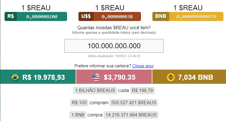 reaufinance's tweet photo. Atualização 2º registro para posteridade  ( #REAU)
Nessa data 16/05/21 com R$ 19.978,93 comprava-se 100 Bilhões de Reaus. https://t.co/vLJvAZfEAt
