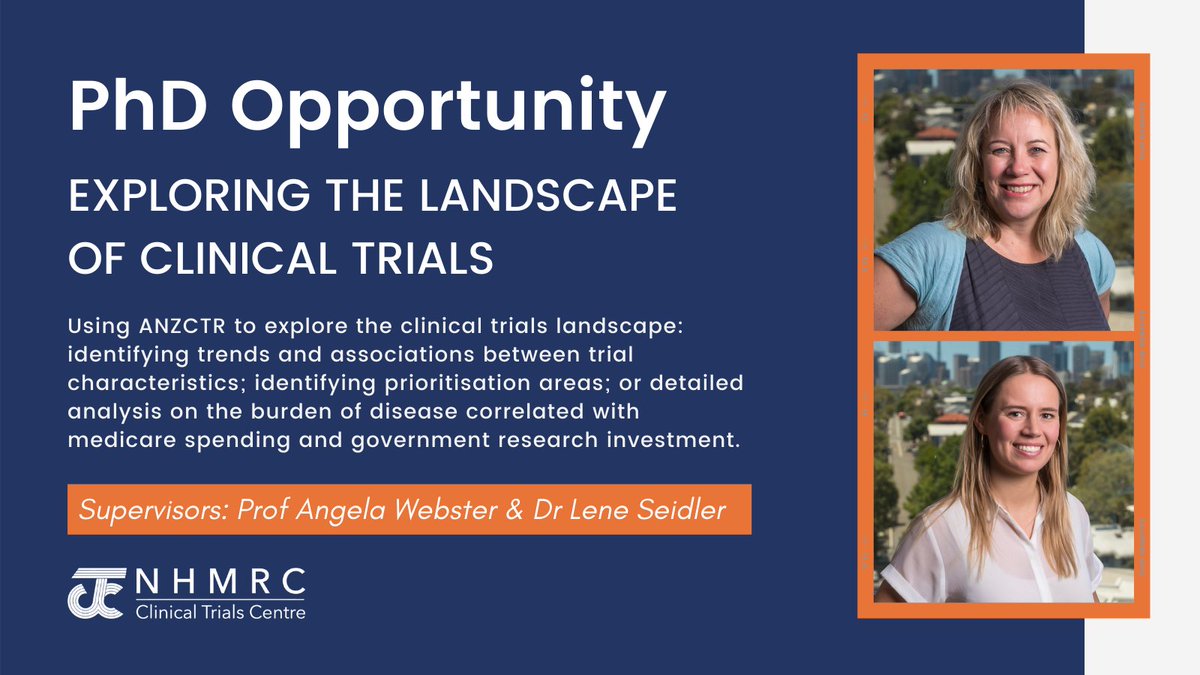 NHMRC CTC (@trialscentre) on Twitter photo Are you a post-graduate in #ResearchMethods with a passion for #ClinicalTrials or #Biostatistics and excellent communication skills? <a href="/TrialsCentre/">NHMRC CTC</a> <a href="/Sydney_Uni/">University of Sydney</a> has an exciting #PhD opportunity in our Evidence Integration team w <a href="/angelacwebster/">Angela C Webster</a> <a href="/LeneSeidler/">Anna Lene Seidler (she/her)</a>
sydney.edu.au/research/oppor… Are you a post-graduate in #ResearchMethods with a passion for #ClinicalTrials or #Biostatistics and excellent communication skills? <a href="/TrialsCentre/">NHMRC CTC</a> <a href="/Sydney_Uni/">University of Sydney</a> has an exciting #PhD opportunity in our Evidence Integration team w <a href="/angelacwebster/">Angela C Webster</a> <a href="/LeneSeidler/">Anna Lene Seidler (she/her)</a>
sydney.edu.au/research/oppor…