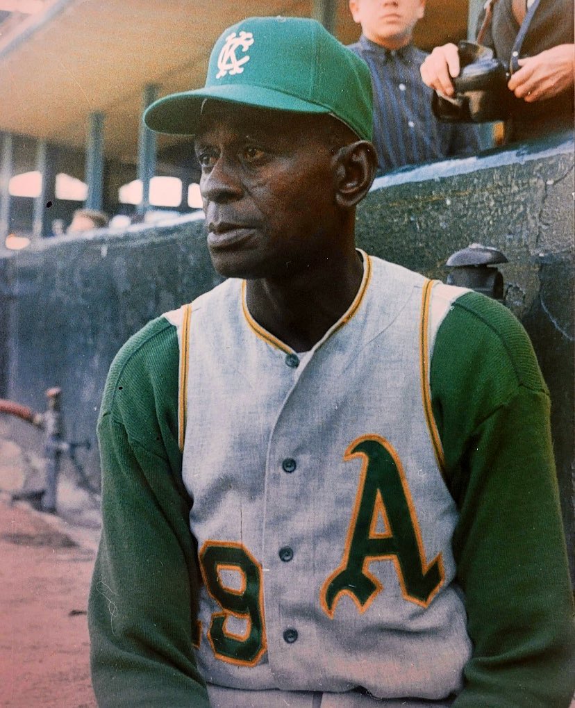Super70sSports's tweet photo. In 1965, the A’s sign 59-year-old Satchel Paige as a gimmick to generate fan interest. Nobody informs Ol’ Satch it’s a joke, however, and he proceeds to just fucking shut out the Red Sox for three innings. https://t.co/5C58fBgr9m