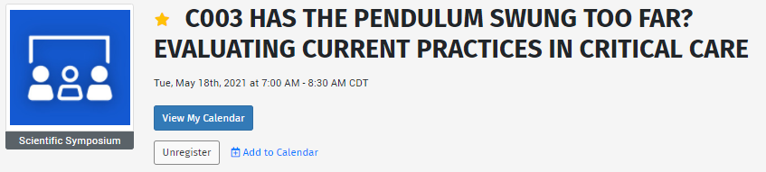 Has the Pendulum swung too far? Join us on May 18th 8-9:30 AM EDT for this #ATS2021 scientific symposium evaluating the current practices in #criticalcare.

Session chaired by @HBGMD, @MayHuaMD and  @KHibbert_MD.