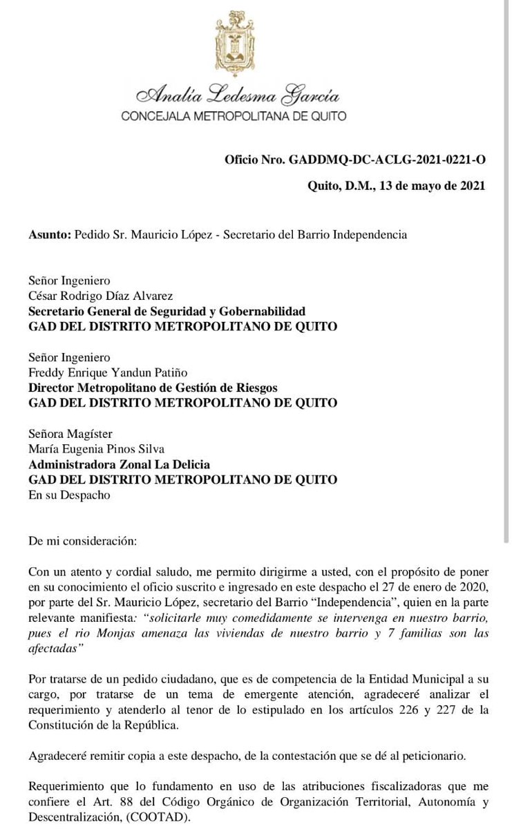 analialedesmaec's tweet photo. #SeguimosTrabajando
He remitido el pedido del barrio Independencia dónde las familias viven con la preocupación diaria del torrencial del río Monjas, un caso similar al de la quebrada Carretas.
La Adm. Municipal debe tomar acciones integrales a fin de evitar desgracias. https://t.co/XBoxOE716G