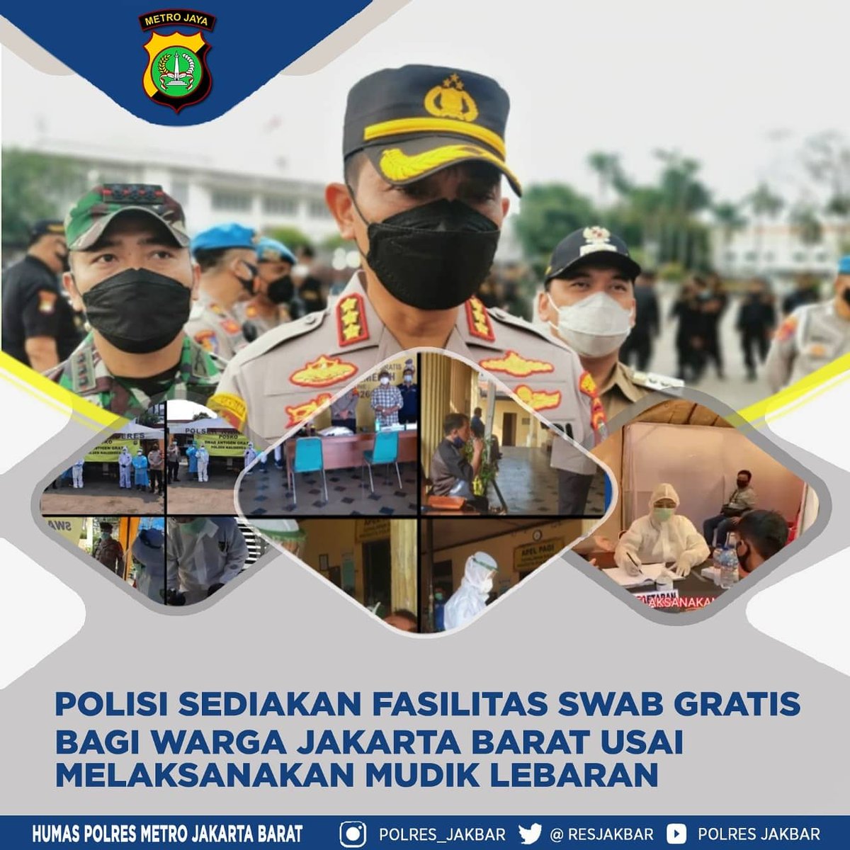 Resjakbar's tweet image. polres metro jakarta barat dan polsek jajaran menyediakan fasilitas swab gratis bagi warga Jakarta Barat usai melakukan mudik ke kampung halaman pasca perayaan hari raya idul fitri 1 syawal 1442 H
#polres_jakbar #polresmetrojakartabarat #swabtest #gratis