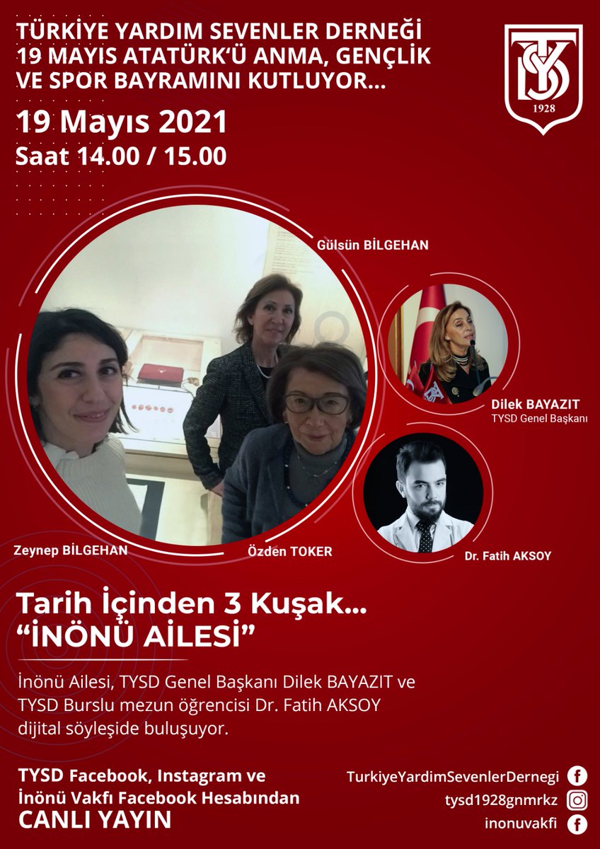 Türkiye Yardım Sevenler Derneği ile birlikte gerçekleştireceğimiz 'Tarih İçinden 3 Kuşak... "İNÖNÜ AİLESİ"' söyleşisini 19 Mayıs 2021 saat 14.00'te İnönü Vakfı Facebook hesabından izleyebilirsiniz.