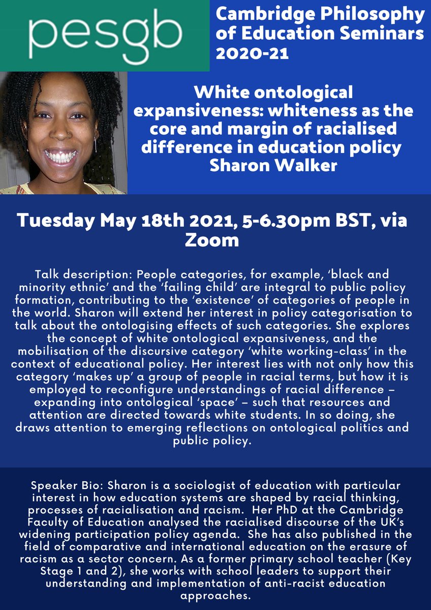 Dr_Farah_Ahmed's tweet image. The next ⁦@CamEdFac⁩ ⁦⁦⁦@PhilOfEdGB⁩ seminar hosts ⁦@cheriepolo⁩ talking about race categorisations and education policy. Register at eventbrite.com/e/cambridge-ph… ⁦@StudiesPgce⁩ ⁦@nomishakurian⁩ ⁦@ReeCollective⁩