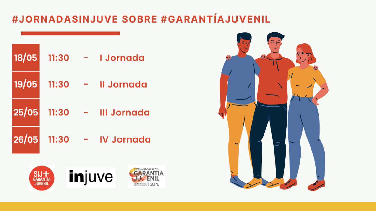📌 Este martes 18 de mayo comienzan las Jornadas Informativas de #GarantíaJuvenil organizadas por el #SEPE junto con <a href="/InjuveSpain/">Injuve</a>.

🔶 Si eres menor de 30 y buscas #empleo, anota ⤵️

📅 Del 18 al 26 de mayo de 11:30 a 12:30

Todos los detalles AQUÍ 👉 mtr.cool/pakstihmvd