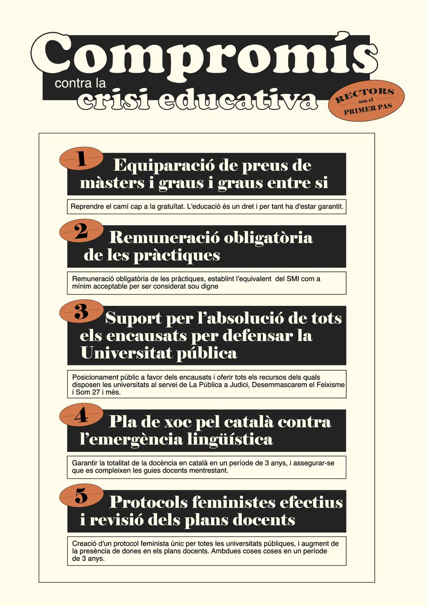‼️ Avui a les 17h és la darrera reunió amb els rectors per exigir que firmin el #Compromís contra la Crisi Educativa 📝
➡️ Per una universitat pública, de qualitat, feminista i en català, que firmin el #Compromís! 📢