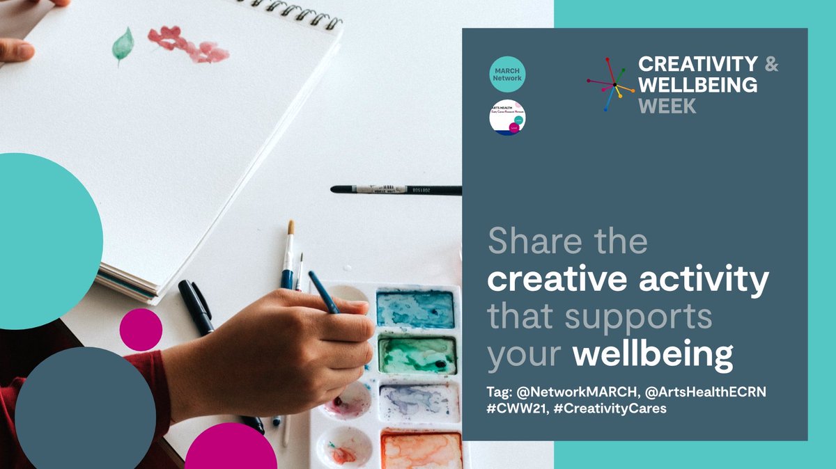 Happy #CreativityandWellbeing week! 

To celebrate, the @ArtsHealthECRN & @NetworkMARCH are inviting you to share a creative activity that supports your wellbeing 🎸🎨 ✏️ 🎭

To share your photo, video, message or link - tag the accounts using #CWW21 #CreativityCares